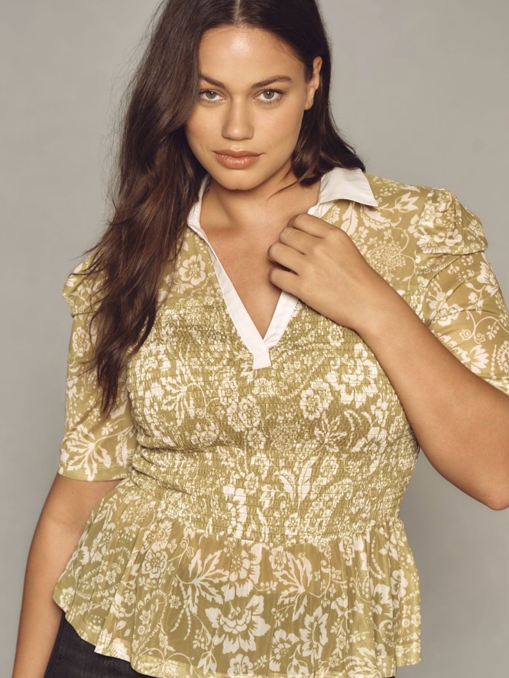 Maeve Olive Green Floral Smocked Peplum Blouse with White Collar